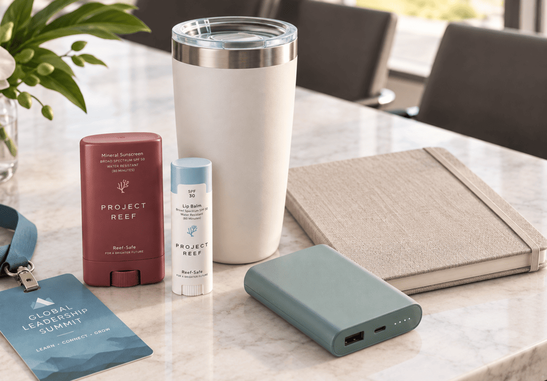 A curated collection of premium conference giveaway items arranged, featuring Project Reef sunscreen products alongside other high-value merchandise.