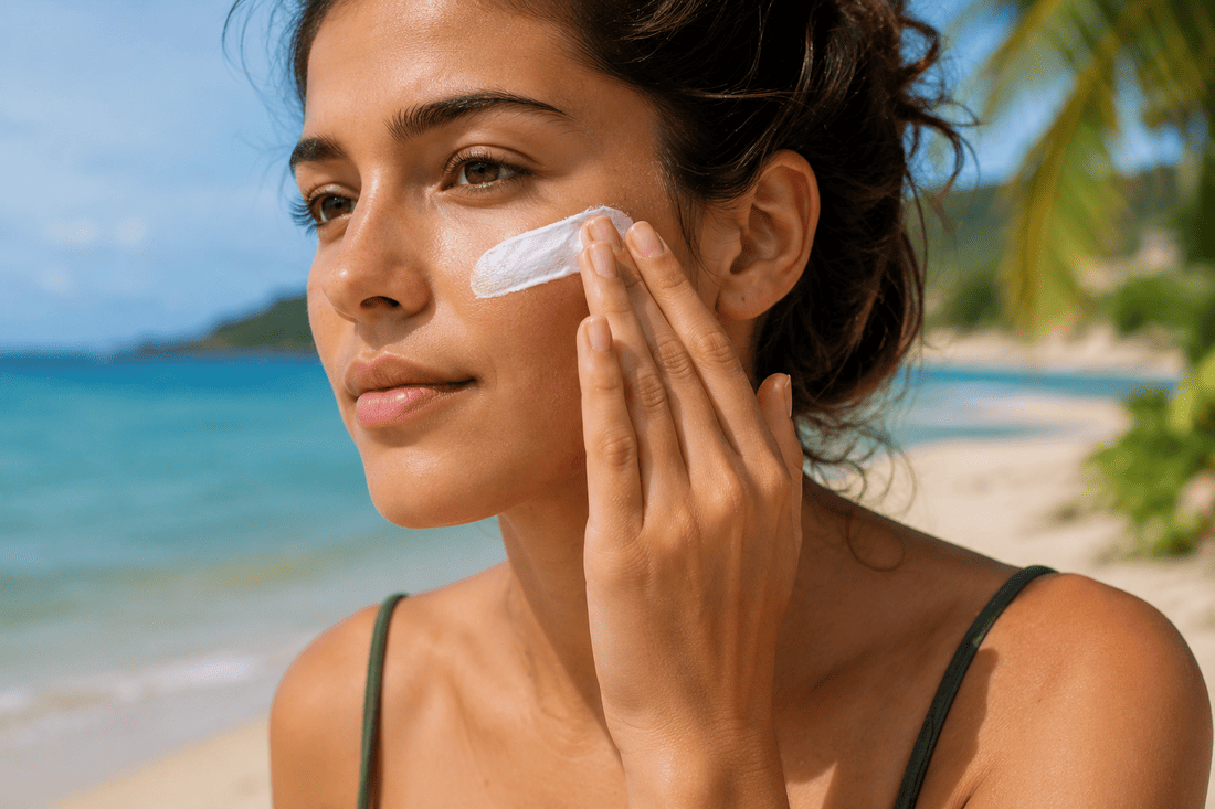 A woman applying white zinc oxide sunscreen to her face on the beach.