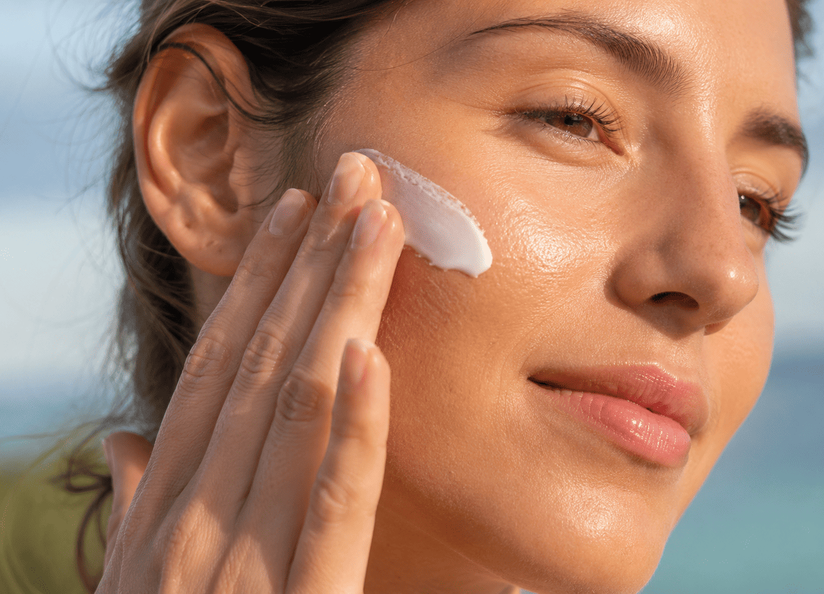 Close-up of a person applying mineral sunscreen outdoors, showing a lightweight, non-greasy finish.