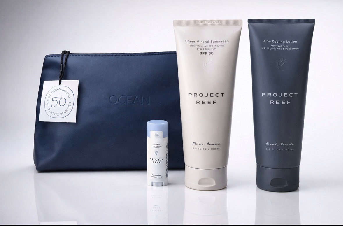 A branded corporate retreat giveaway swag bag featuring Project Reef sun care products.