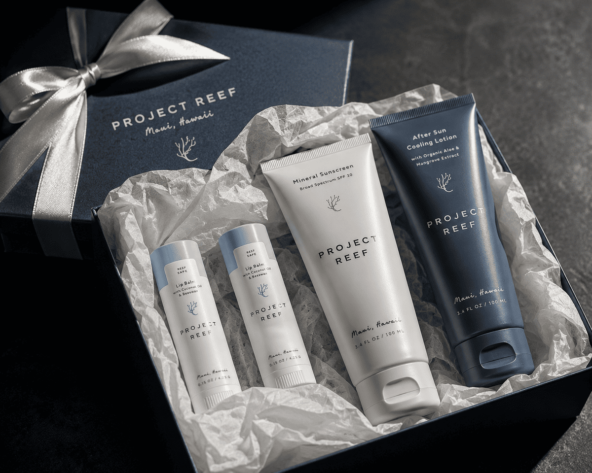 Project Reef mineral sunscreen products inside a premium corporate gift box.