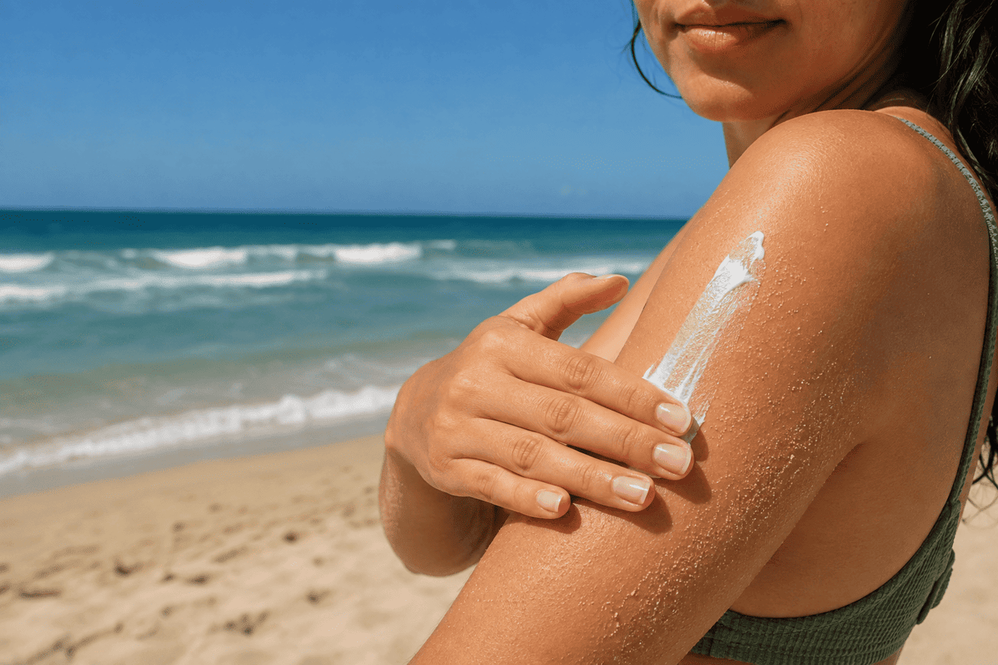 Someone applying sunscreen at the beach, showing proper technique and sun-safe habits.
