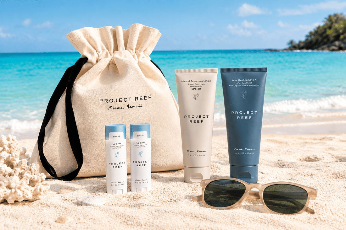 Summer employee gift set with reef-safe mineral sunscreen by Project Reef.