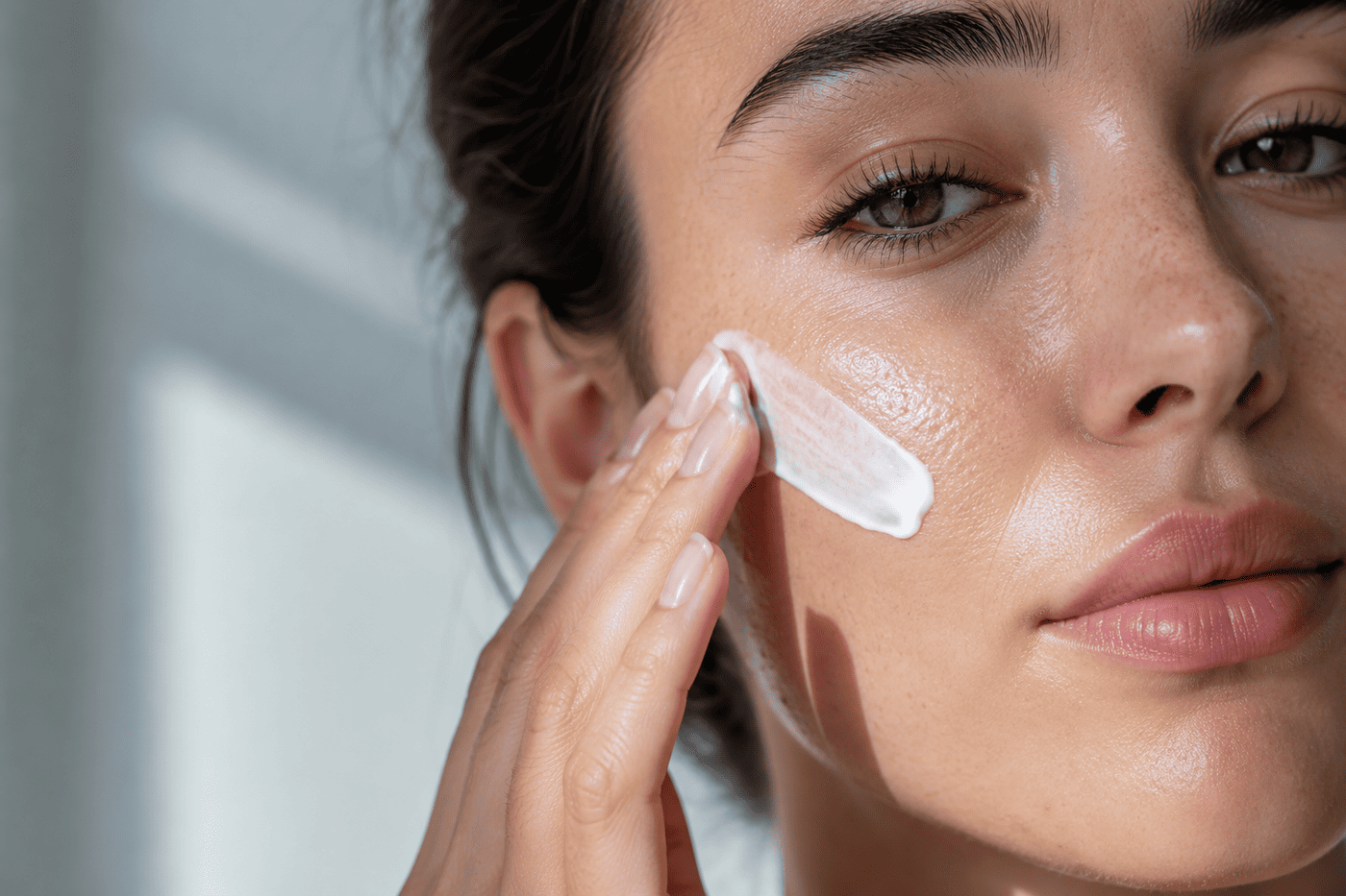 Woman applying sunscreen to her cheek, showing a dewy, moisturized finish on dry skin.