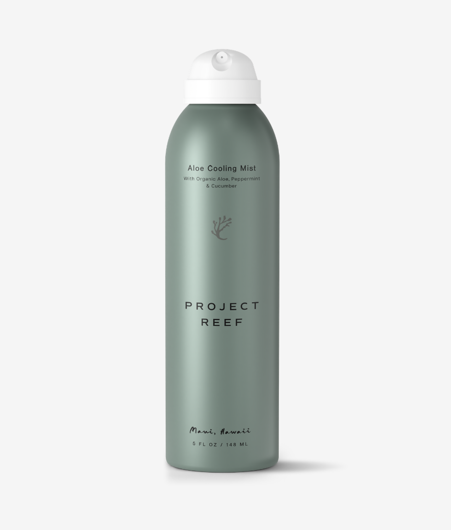 Green aloe vera cooling mist bottle labeled of 'Project Reef' 