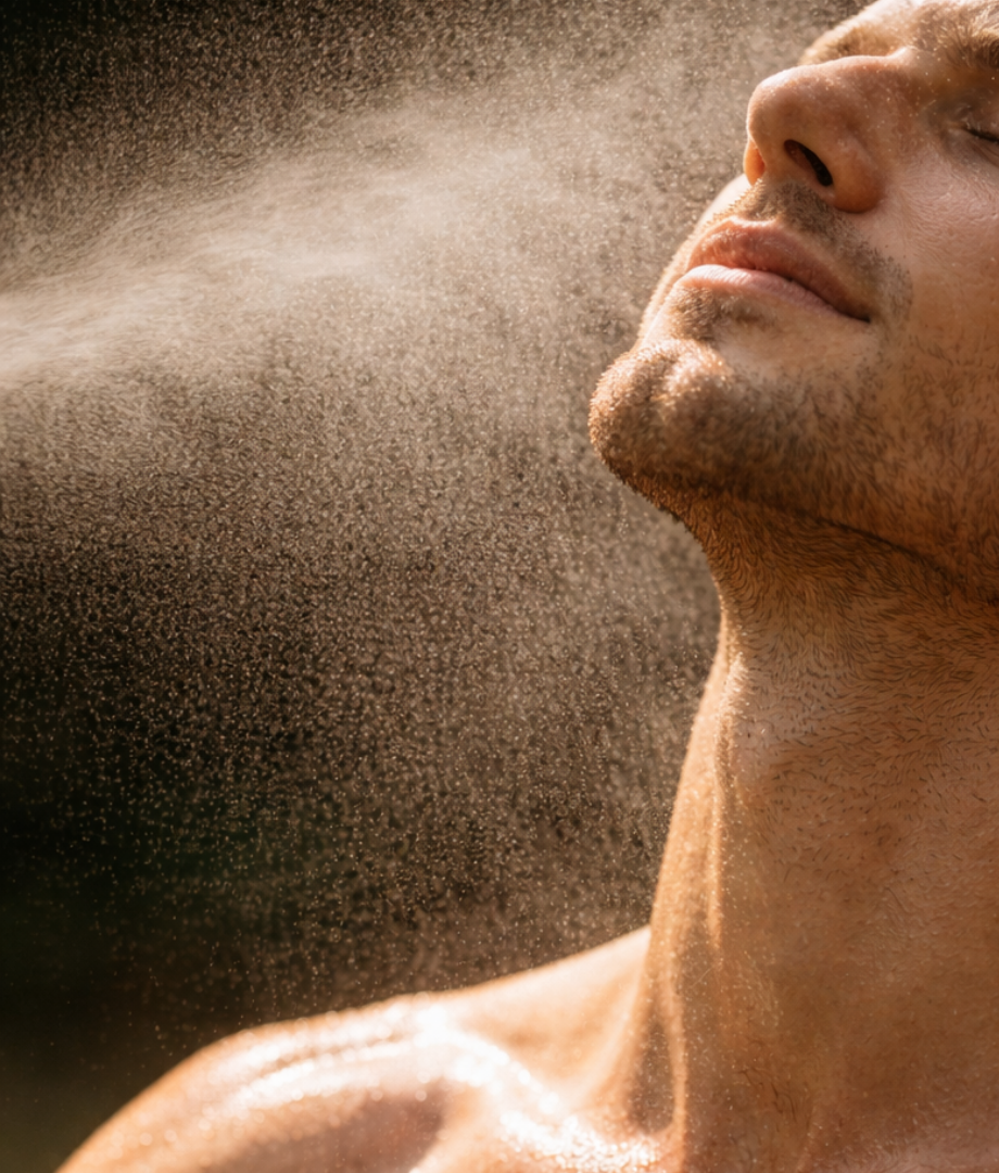Close-up of a man applying aloe vera cooling mist to his face.