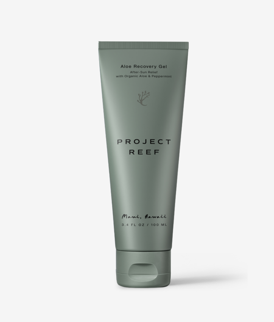 Green tube of Project Reef Aloe Recovery Gel on a white background