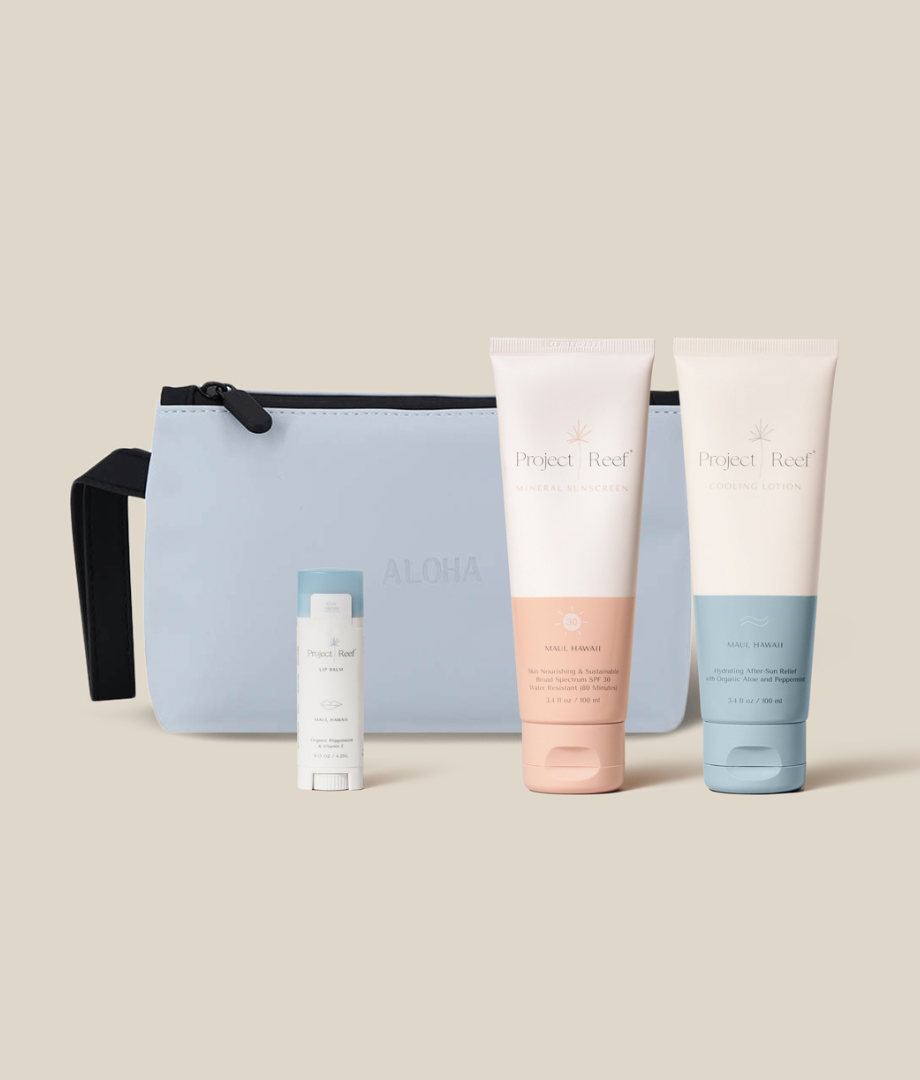 Project Reef Mineral-based SPF30 Lotion, After-Sun Cooling Lotion, Herbal Peppermint Lipbalm, and a tote