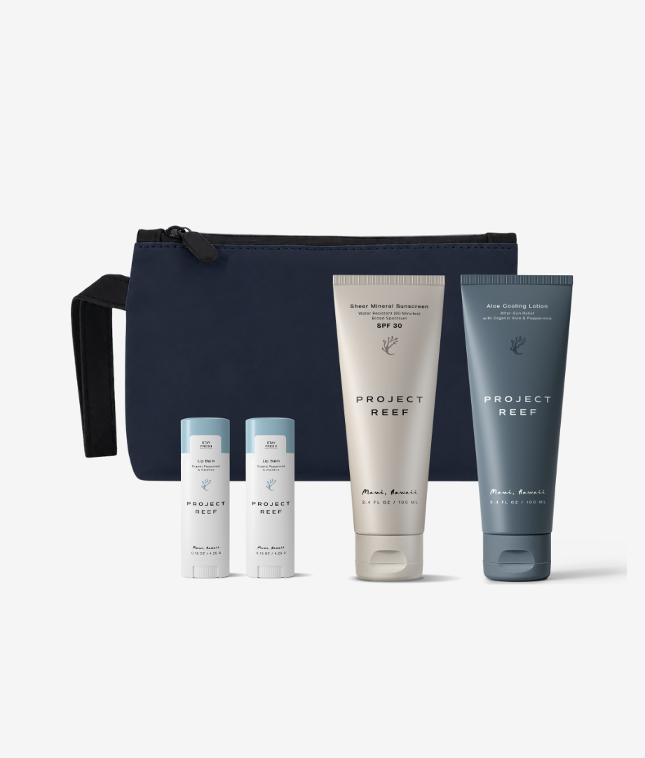 Project Reef sun care products including bottles and a pouch 