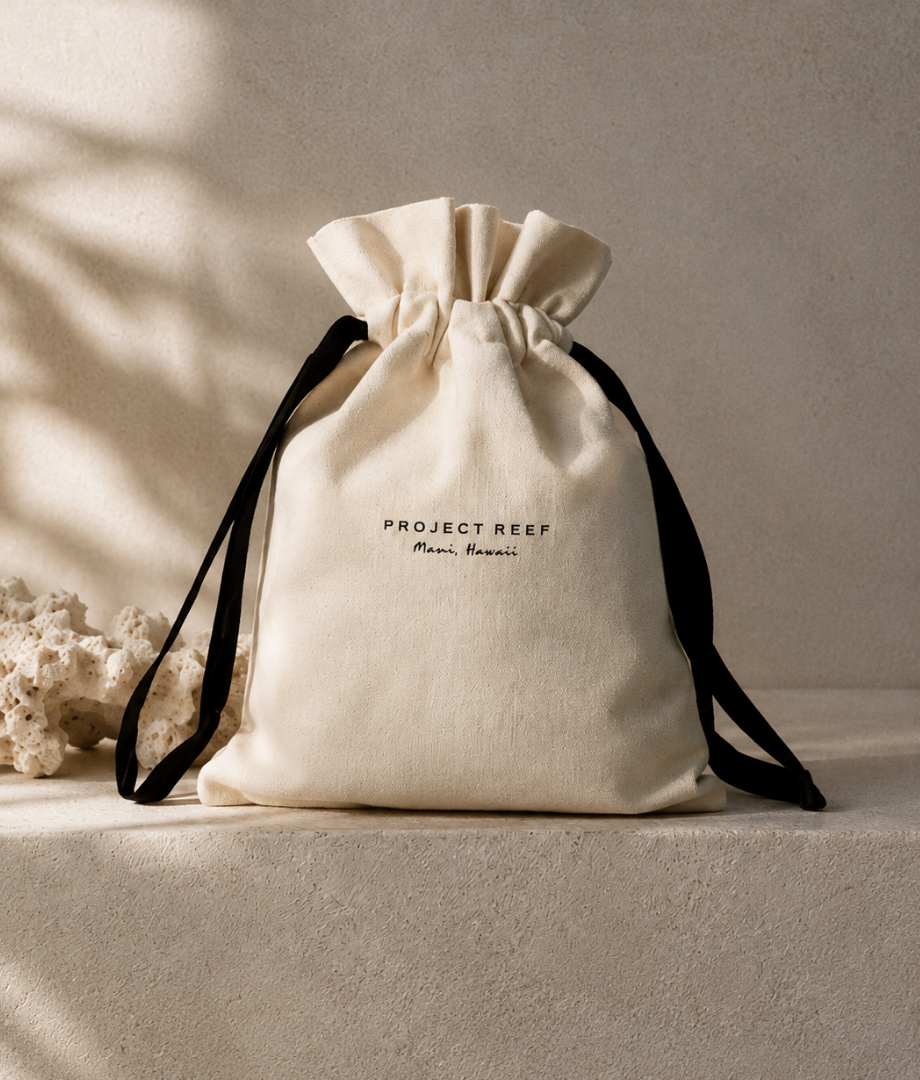 Project Reef beige drawstring bag for reef safe sunscreen products